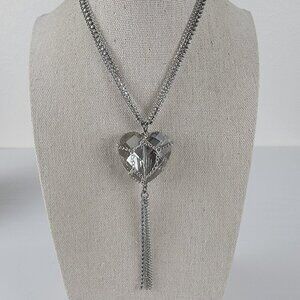 Glass Heart Pendant Silver Tone Multi Chain Rhinestone Tennis Necklace 31 Inch